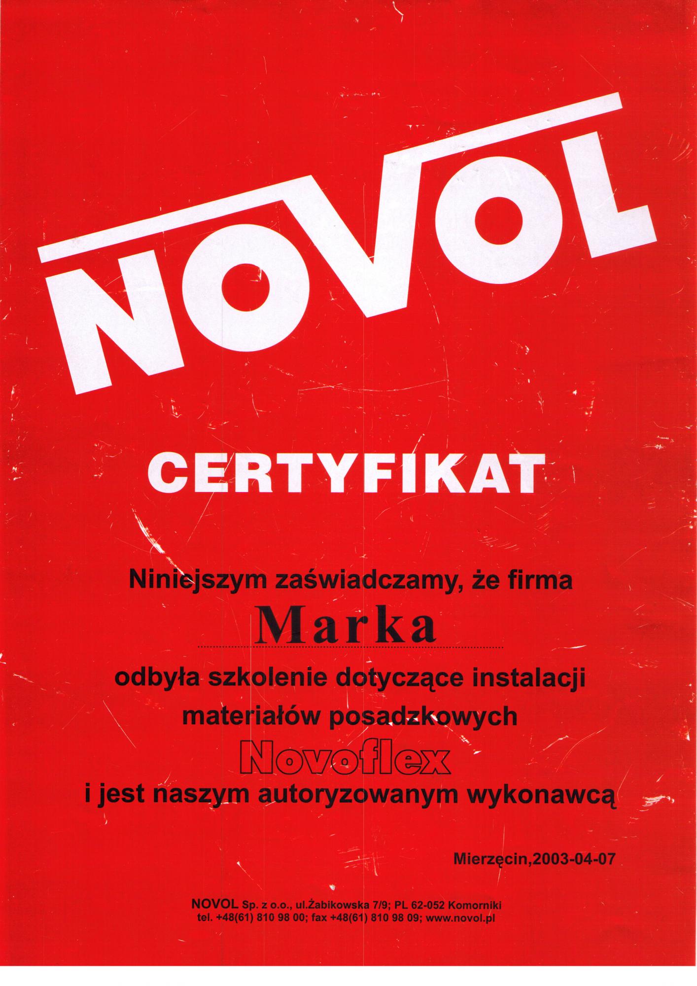 Certyfikat novol 2003